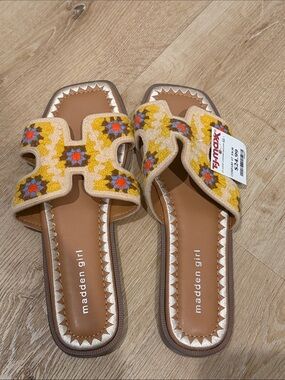 Madden Girl Yellow Crochet Slide Sandals with Multicolor Floral Accents